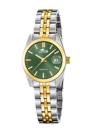 Zegarek na rękę Lotus z zieloną tarczą, złoto-srebrną metalową bransoletą, złotą lunetą, złotymi indeksami godzinowymi oraz wyświetlaczem daty na godzinie 3.