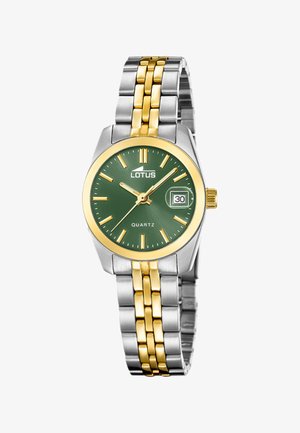Lotus-armur med grøn urskive, guldfarvet og sølvfarvet metalleje, guldbezel, gyldne timeindikatorer og datovisning ved klokken 3.