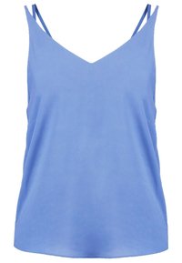 Ljusblå, ärmlös linne med V-ringning. Har tunna axelband och en mjuk, lätt tygkvalitet.