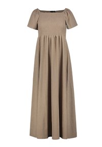 Maxi-jurk in een lichtbruine tint, met een gerimpelde borst, korte pofmouwen en een vloeiende, textuur-gegeven rok.