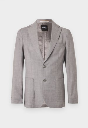 Lichtgrijs op maat gemaakt herenblazer met inkeping revers, twee knopen aan de voorkant, opgestikte zakken en een patroonvoering met het label "BOSS".