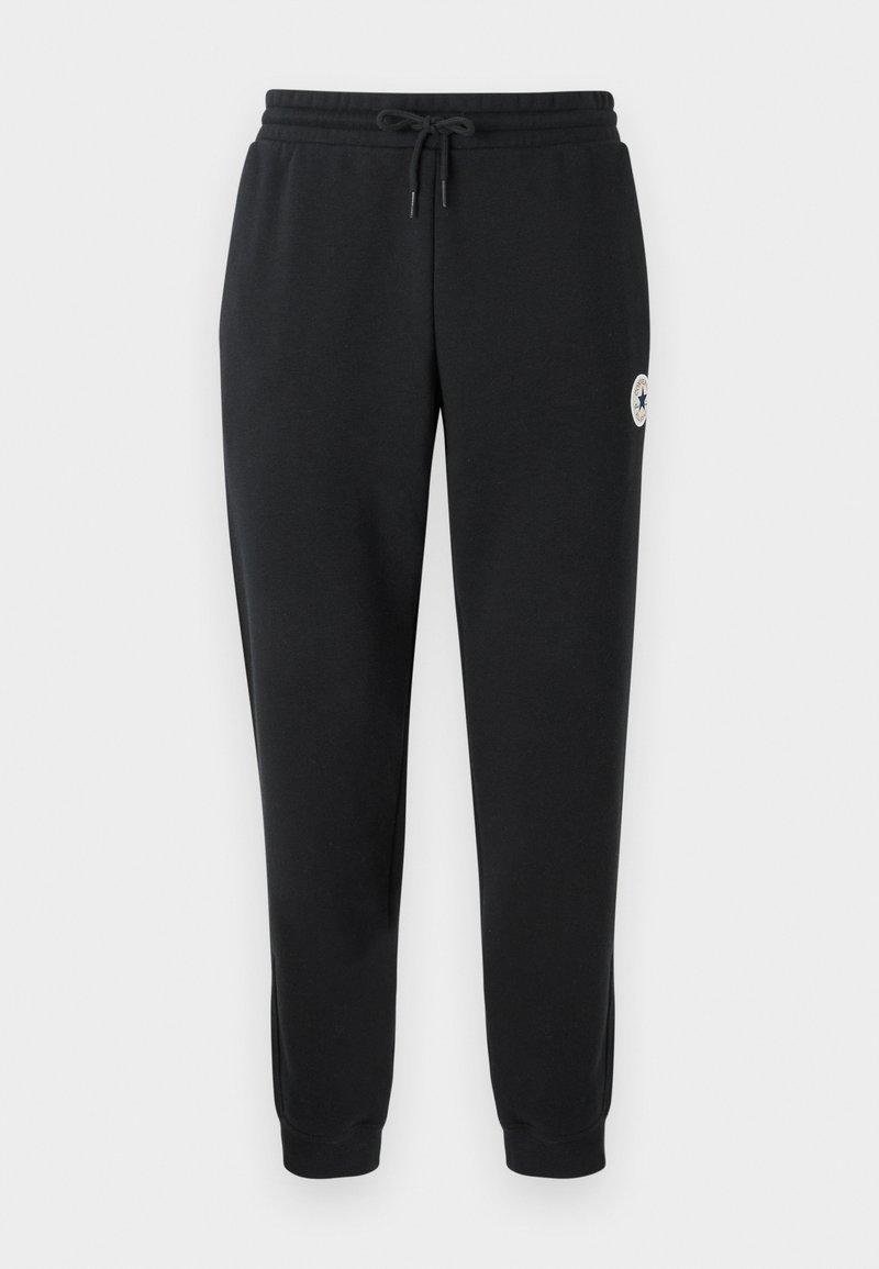 Zwarte katoenen trainingsbroek met een elastische tailleband, trekkoord en geribde boorden; heeft een circulair logo op de linkerdij.