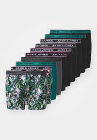 Set von Herrenboxershorts mit einem tropischen Druckdesign in Schwarz, Grau und Teal sowie kontrastierenden elastischen Bund mit Markenlogo.