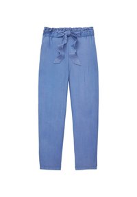 Light blue trousers with an elastic, ruffled waistband and a matching tie. Made of soft fabric, featuring a straight-leg cut.