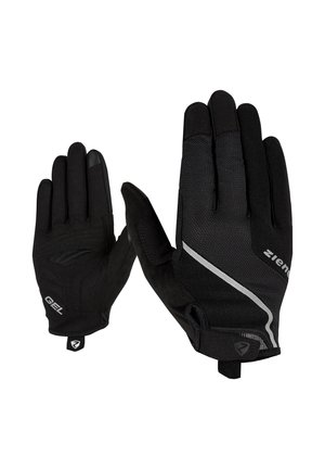 Pair of black cycling gloves with gel padding, reflective strips, and adjustable wrist straps, shown from palm and back sides.