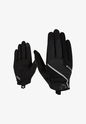 Pair of black cycling gloves with gel padding, reflective strips, and adjustable wrist straps, shown from palm and back sides.