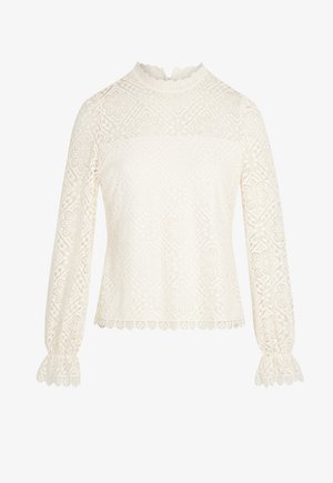 Weißes Spitzenoberteil mit langen Ärmeln, gewelltem Ausschnitt, Blumenmuster und Rüschenmanschetten, mit einem strukturierten, durchsichtigen Design.