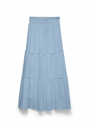 Jupe midi bleu clair à volants superposés avec une ceinture élastique et un détail subtil de volants sur chaque étage.