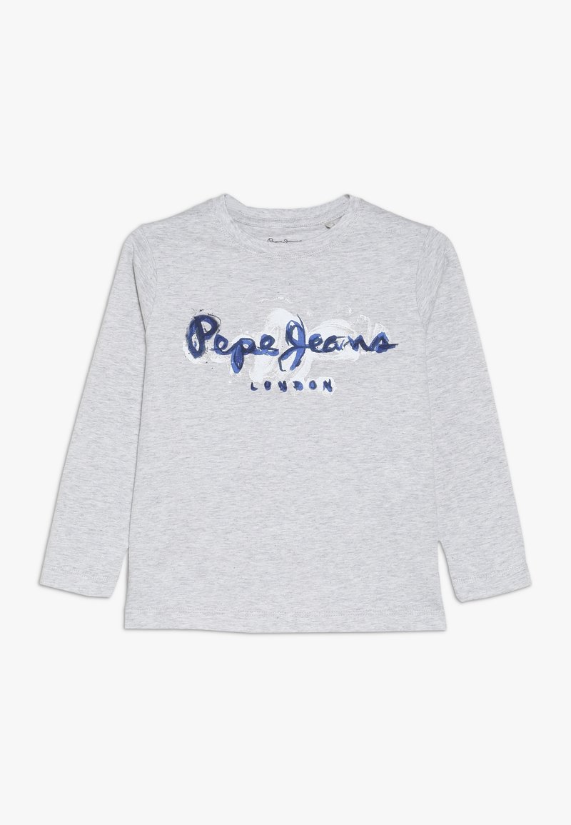 Szara koszulka z długim rękawem z miękkiego materiału, z napisem "Pepe Jeans London" w niebieskim kolorze z lekko błyszczącym wykończeniem. Okrągły dekolt, regularny krój.