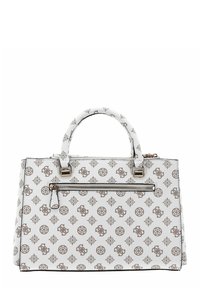 Borsa bianca con un motivo geometrico ripetuto in marrone chiaro, tasca frontale con zip, doppio manico e superficie in pelle testurizzata.