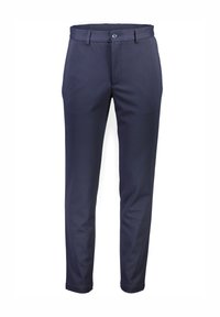 Pantalon bleu marine en tissu à texture lisse. Caractéristiques d'une taille standard, fermeture à bouton et design à jambes fuselées.
