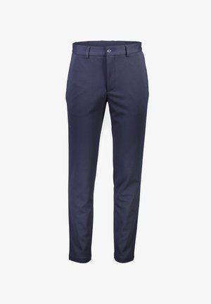 Navy trousers made of fabric with a smooth texture. Features a standard waistband, button closure, and tapered leg design.