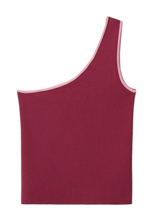 Top senza maniche asimmetrico color bordeaux con una sola spalla e rifiniture rosa chiaro lungo i bordi.