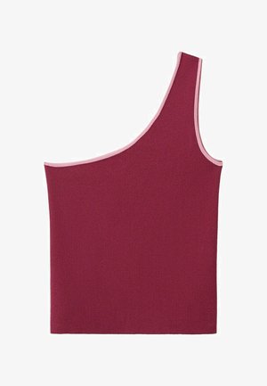 Bez rukávov, asymetrický bordový top s jedným ramienkom a svetloružovým lemom okolo okrajov.