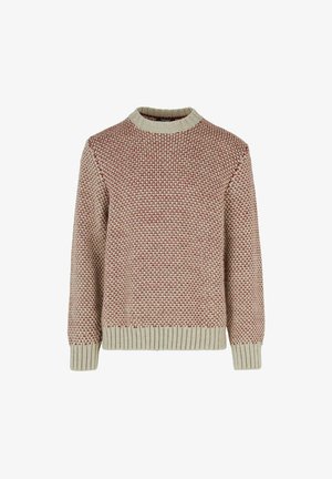 Sweter z dzianiny w kolorze kremowym z czerwonym geometrycznym wzorem, z prążkowanym kołnierzem i mankietami oraz fakturowanym wykończeniem.