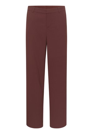 Pantaloni a gamba larga bordeaux con una texture liscia, dotati di una vita classica e senza cuciture o decorazioni visibili.