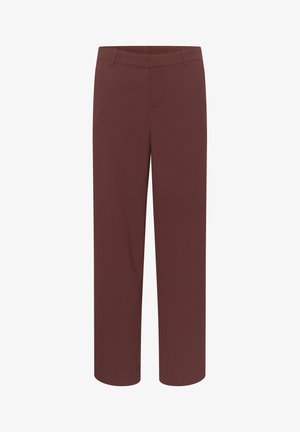 Pantalones de pierna ancha burdeos con una textura suave, que cuentan con una cinturilla clásica y sin costuras ni adornos visibles.