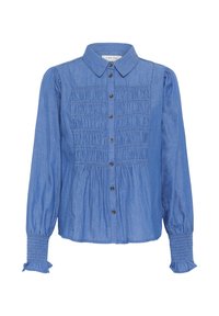 Sininen farkkupaita, jossa on napitettava etuosa, rypytystä rinnassa, pitkät puffihihat ja kerätty hihansuu.