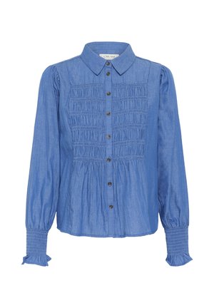 Sinine denim-särk nupuga esifaas, rikka detailidega rinnaosas, pikad puffvarrukad ja jõhvikad mansetid.