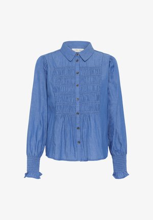 Niebieska koszula dżinsowa z zapinanym przodem, marszczonymi detalami przy biuście, długimi rękawami puff oraz marszczonymi mankietami.