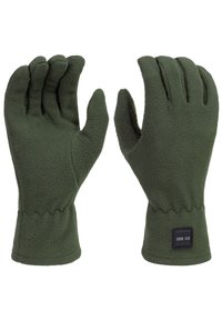 Groene fleece handschoenen met een strakke pasvorm, textuur op het oppervlak en elastische polsboorden. Bevat een klein zwart label dat op de pols is genaaid.