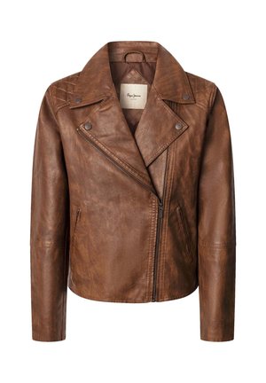 Veste de moto en cuir marron avec un col cranté, des zips diagonaux et deux poches latérales. Texture douce avec une apparence usée.