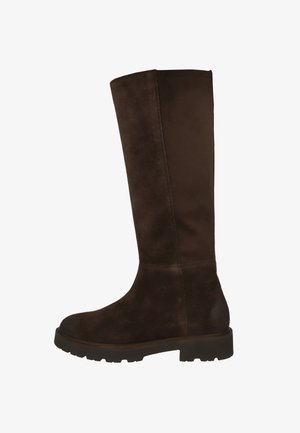 Brown knee-high boots with a suede and fabric upper. Thick, rugged rubber sole. Smooth texture with subtle stitching detail.