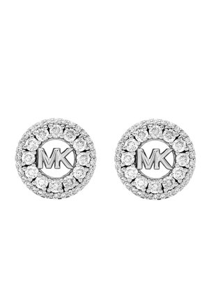 Pendientes de plata con diseño circular, adornados con cristales transparentes, y las letras "MK" en el centro.