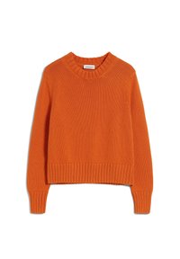 Pull en maille orange avec col rond, poignets et ourlet côtelés, étalé à plat sur un fond blanc.