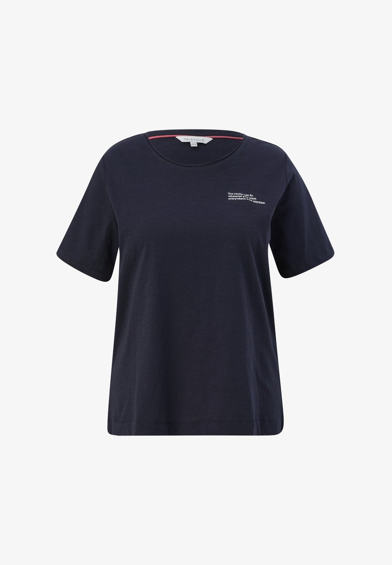 T-shirt en coton bleu marine avec des manches courtes, un col rond et du texte imprimé blanc sur le côté gauche. Texture lisse, coupe décontractée.