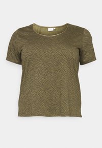 Olivi vihreä lyhythihainen T-paita, jossa on teksturoitu seeprakuosi ja pyöreä pääntie. Valmistettu pehmeästä kankaasta, jossa on hieno kiilto.