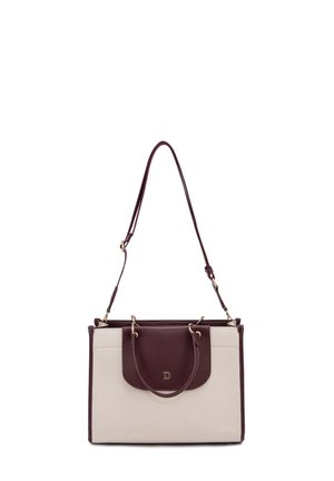 Sac à main rectangulaire beige et marron foncé avec double poignée, bandoulière ajustable et un petit logo "D" sur le rabat avant.