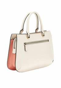 Borsa a mano in pelle bianca strutturata con un interno rosa a contrasto, dotata di manici doppi e una cerniera argentata sulla parte anteriore.