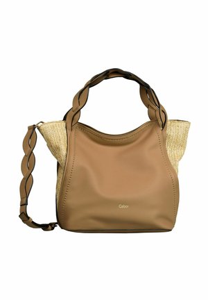 Sac à main en cuir marron avec détails en paille tressée, forme arrondie, poignées superposées, et logo Gabor à l'avant.