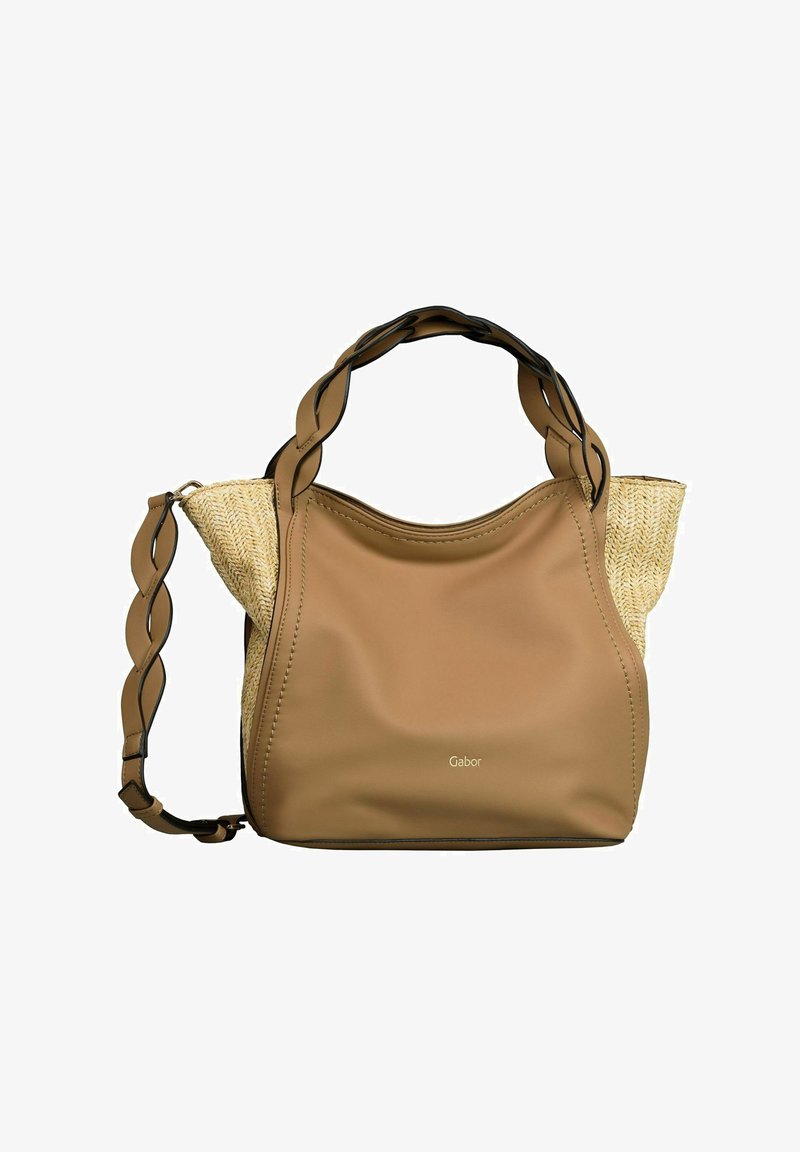 Sac à main en cuir marron avec détails en paille tressée, forme arrondie, poignées superposées, et logo Gabor à l'avant.