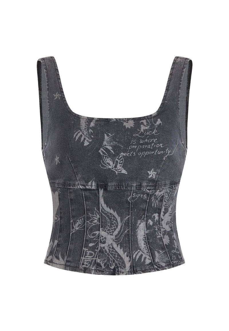 Sort denim crop top med firkantet halsudskæring, udstyret med et grafisk print af fugle og stjerner samt lodrette sømme for formdefinition.
