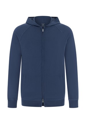 Sweat à capuche bleu marine zippé avec capuche, manches raglan longues, deux poches avant, poignets et ourlet côtelés. Fabriqué en tissu doux et texturé.