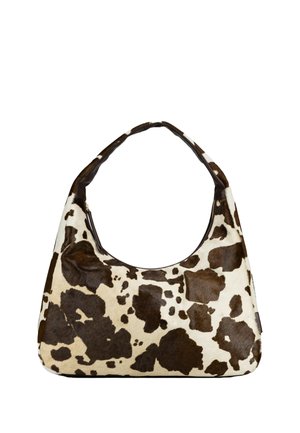 Sac à main avec motif en cuir de vache marron et blanc, forme rectangulaire arrondie et une seule anse.