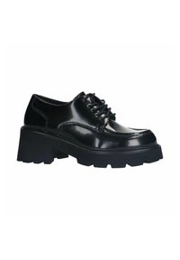Chaussures en cuir verni noir avec une semelle épaisse et robuste. Elles présentent un bout arrondi et un design à lacets traditionnel avec des coutures contrastées.