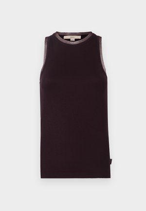 Black ribbed tank top with a round neckline and sheer trim at the shoulders. Features a label inside at the neck. Soft texture.