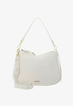 Borsa a tracolla in pelle bianca con chiusure dorate, manico corto, tracolla regolabile e rimovibile e piccolo testo logo sul davanti.