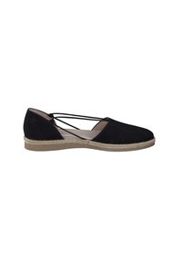 Sorte semsket espadrille med rund tå, kryssede stropper og en jute-innpakket kilehæl. Glatt innvendig og fleksibel såle.