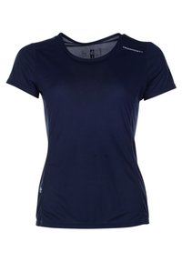 Maglietta sportiva blu navy a maniche corte con collo a giro, con piccolo logo bianco "Swedemount" sulla spalla e piccola etichetta con bandiera svedese sul lato.