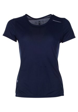 Navy blue short-sleeve athletic t-shirt with a round neckline, made of lightweight, moisture-wicking fabric. Features a subtle logo detail.