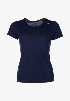 Marineblå kortærmet atletisk T-shirt med rund hals, lavet af letvægts, fugttransporterende stof. Har en diskret logo-detalje.