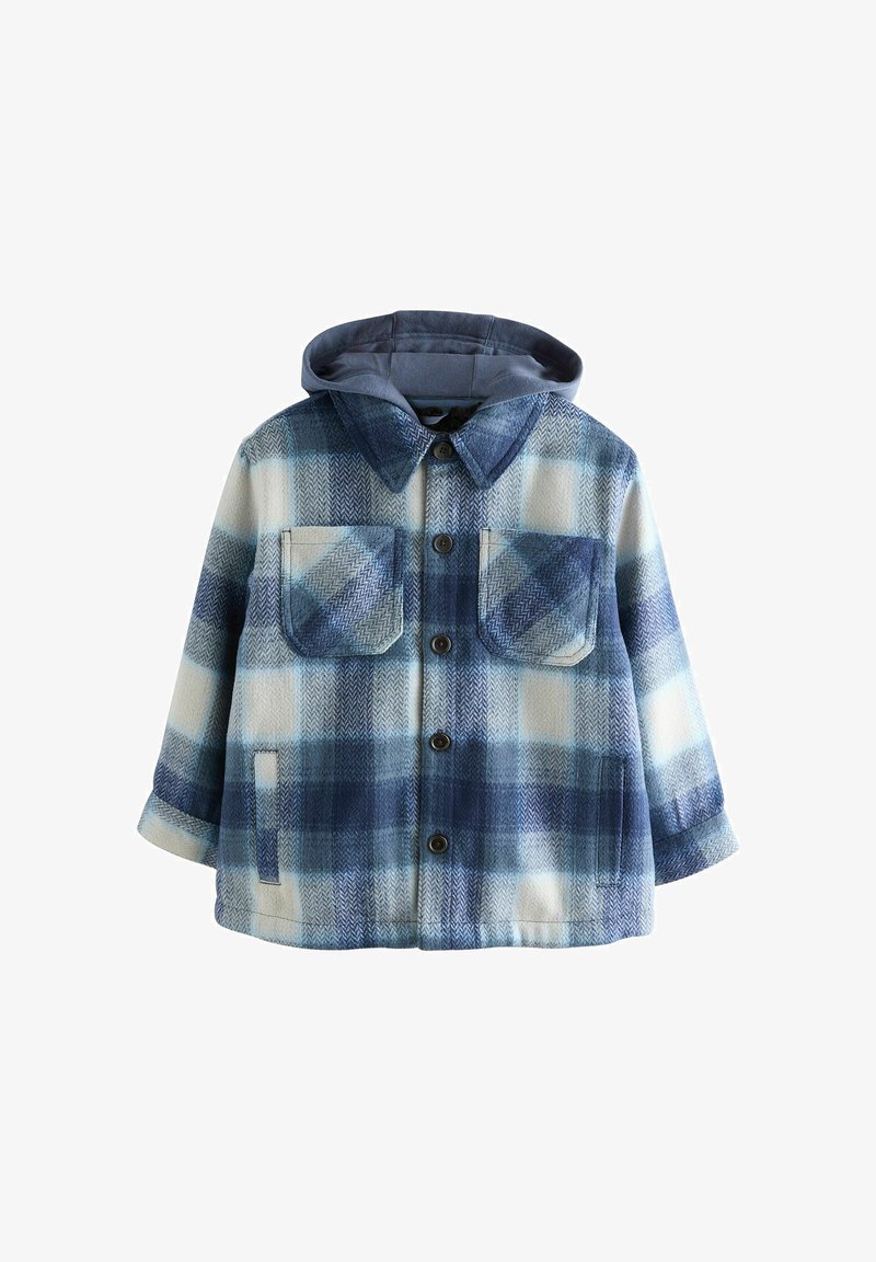 Blau-weiße karierte Flanelljacke mit zwei vorderen Taschen, Knopfschluss und einer grauen Kapuze. Strukturierter Stoff mit lockerer Passform.