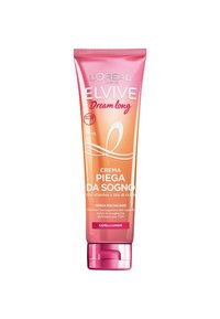 La crema L'Oréal Elvive Dream Long in un tubo rosa sfumato presenta un tappo a flip-top, con testo bianco e rosa che indica i benefici del trattamento per i capelli.