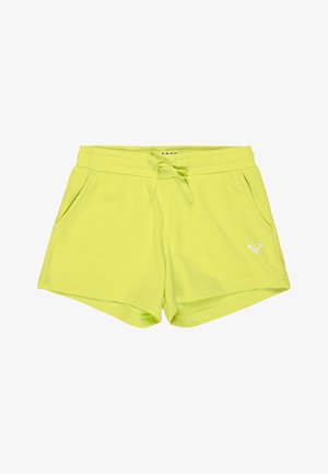 Leuchtend gelb-grüne Damen-Sportshorts mit Kordelzug in der Taille, Seitentaschen und kleinem weißem Logo am linken Bein.