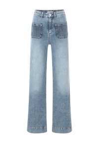 Jeans en denim bleu clair à jambe large, avec taille haute, deux poches avant, deux poches arrière et un ourlet fini.