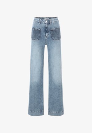 Jeans in denim azzurro chiaro a gamba larga con vita alta, due tasche frontali, due tasche posteriori e orlo rifinito.